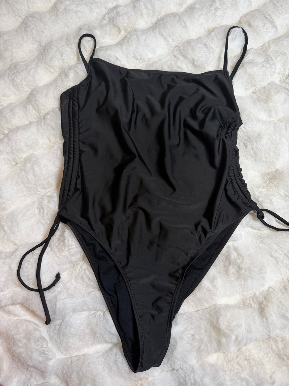 Womans Black One-Piece Swimsuit with Side Drawstrings